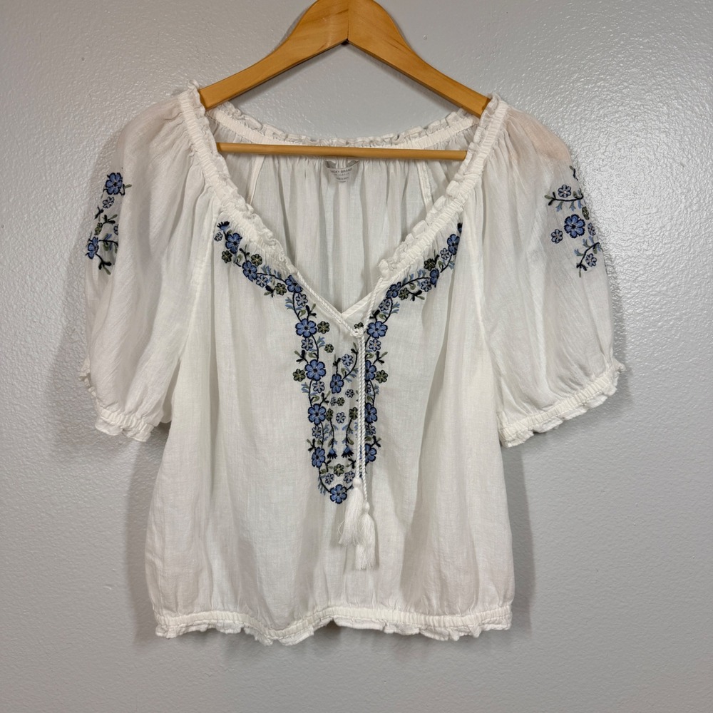 Lucky Brand Top Womens Medium White Embroidered Peasant Blouse Boho Short Sleeve